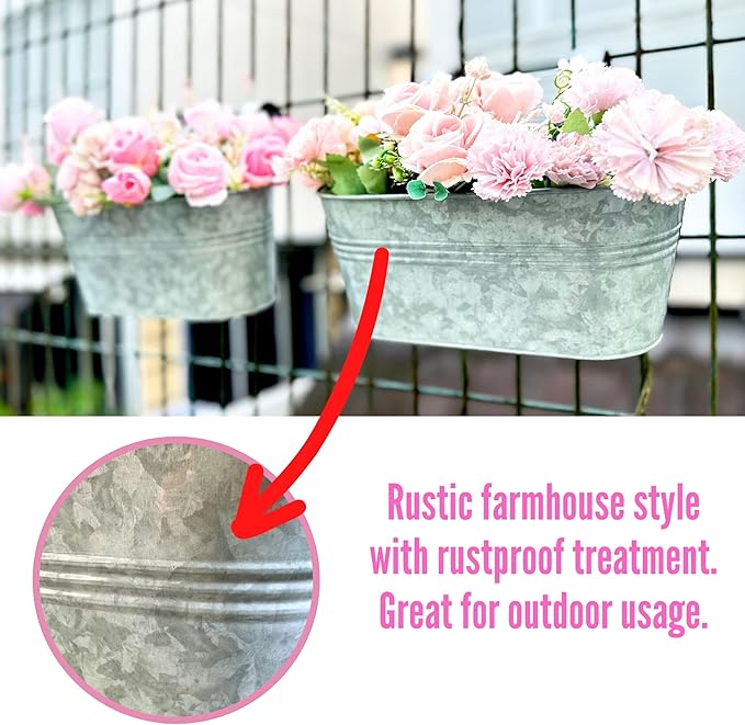 LaLaGreen Outdoor Plants Rail Planter (15 Inch, 2 Pack) Silver Metal Iron Hanging Flower Pot Deck Railings Fence Bucket Modern Boho Style Wall Mount Window Box Plant Wall Hanger Hooks Porch Home Decor