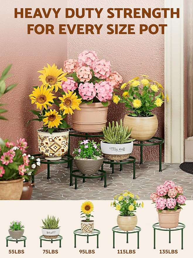 5 Pack Metal Plant Stands for Indoor and Outdoor Planters,Heavy Duty Flower Pot Stands for Multiple Plant,Round Short Flower Holder Stand for Home Decoration(DarkGreenLeaf)