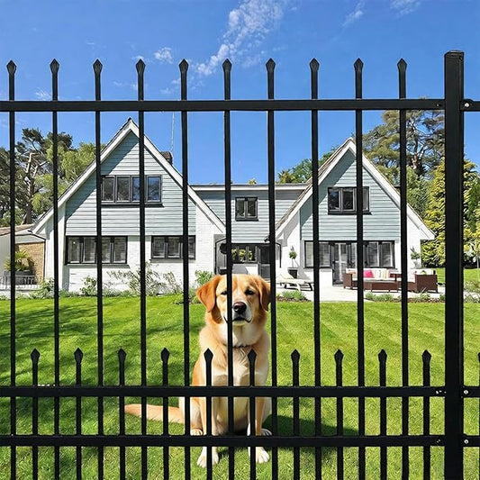 Metal Fence Panels with Dog Pickets, 6ft H x 6.5ft W Galvanized Steel Fence DIY Installation for Outdoor Garden Fence incl. 1 Fence Post, Wrought Iron Style Steel Fencing, Black (Upgraded)