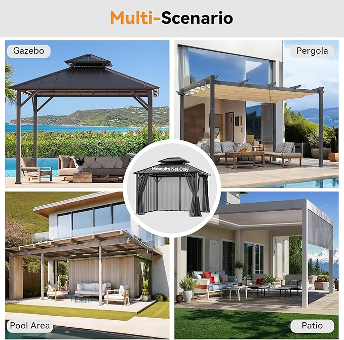 Universal Gazebo Mosquito Netting 10'x10' Replacement, 4-Panel Screen Walls with Double Zipper for Outdoor PatioCanopy Garden Gazebos, Dark Gray and Black