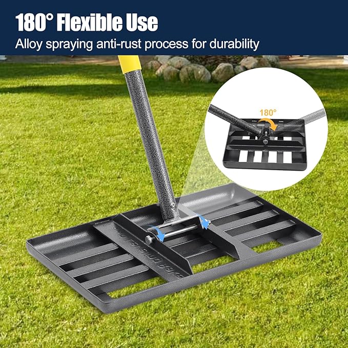 72" Heavy Duty Lawn Leveling Rake - 17x10in Stainless Steel Grading Tool with Ergonomic Adjustable Handle | Professional Grass Soil Leveler for Golf Courses, Backyards & Sports Fields