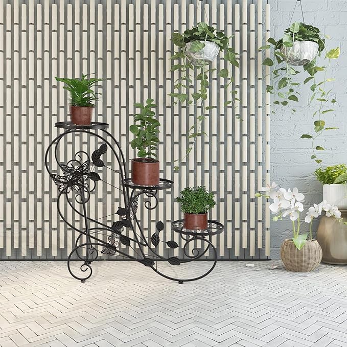 HLC Metal Plant Stand 3 Tier Flower Pot Holder Indoor Outdoor Plant Display Shelf Rack for Garden, Balcony, Patio, Corner, Living Room, Black
