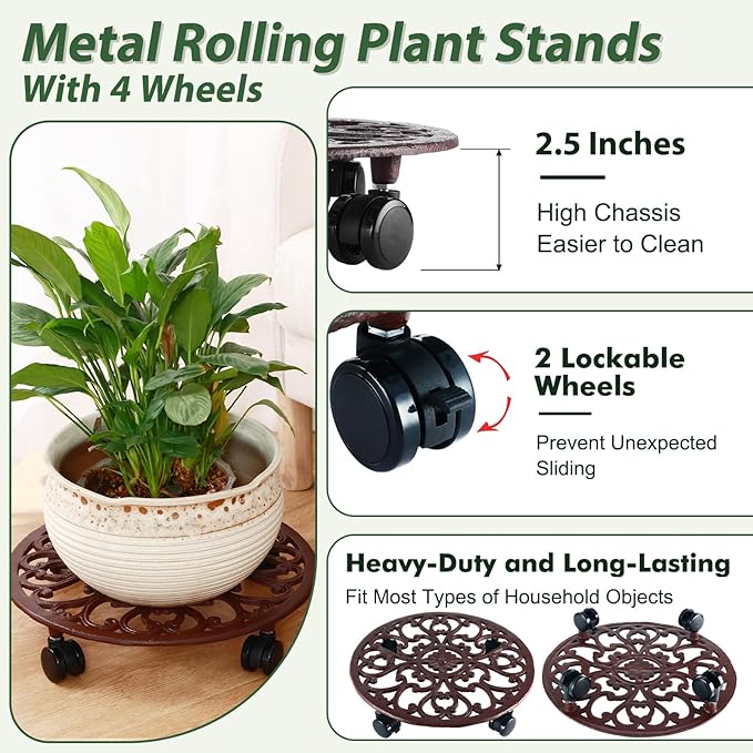 1 Packs 14 Inch Rolling Plant Stand with Wheels Metal Plant Caddy with Wheels Heavy Duty Round Plant Stand Indoor Iron Plants Rollers for Plants, Plant Dolly Brown