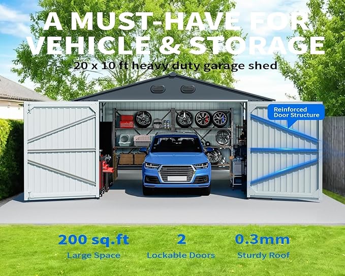 10x20 Outdoor Storage Shed, Extra Large Metal Garage Building, Heavy Duty Steel Car Shed with Side Door & Updated Frame Structure, Waterproof Carport for Car, Truck, Bike, Tool Storage, Dark Gray