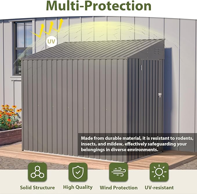 4×7 FT Outdoor Metal Storage Shed,Heavy-Duty Lean to Storage Shed with Lockable Door and Reinforced Beams,All Weather Waterproof Storage House W/2 Air Vents,for Backyard,Patio,Lawn,Dark Gray