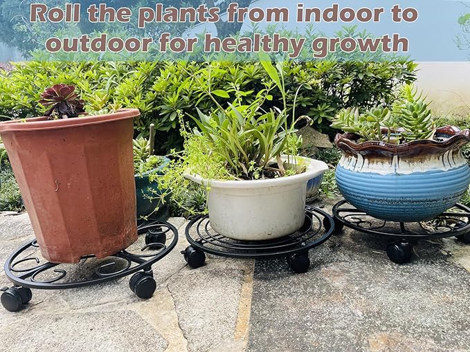 12" Metal Plant Caddy with Wheels 5 Packs Large Rolling Plant Stands Indoor Wheeled Plant Dolly Heavy-duty Pot Mover Roller Base Outdoor Plant Trolley Cart with Brake Water-proof Dust-proof, Black