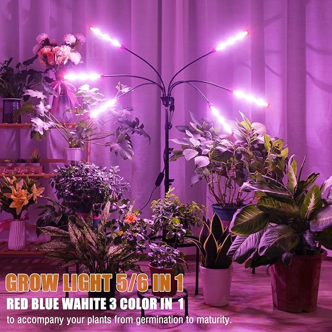 Grow Lights for Indoor Plants Full Spectrum with Stand and Timer, 6 Heads LED Plant Lights for Indoor Growing, Standing Floor House Plant Lamp for Seed Starting. (Red+Blue+White)