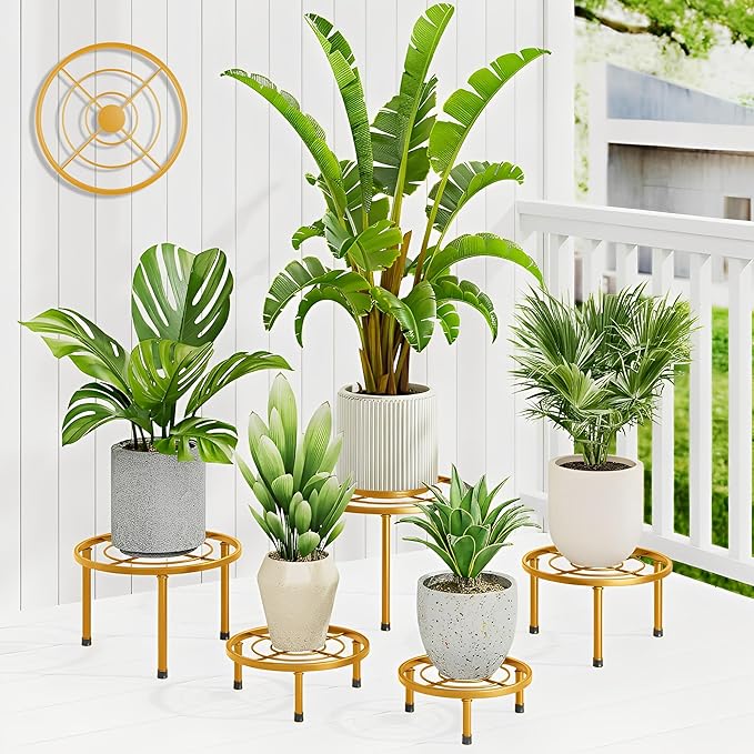 5 Pack Metal Potted Plant Stands,Flower Pot Stand Holder,Heavy Duty Plant Shelf for Multiple Plant,Rustproof Planter Container Round Supports Display Rack for Home(GoldCircle)