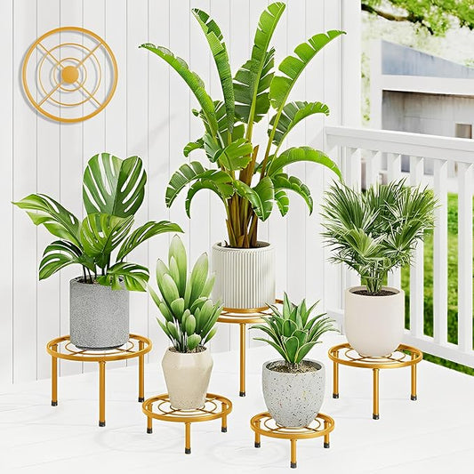 5 Pack Metal Potted Plant Stands,Flower Pot Stand Holder,Heavy Duty Plant Shelf for Multiple Plant,Rustproof Planter Container Round Supports Display Rack for Home(GoldCircle)