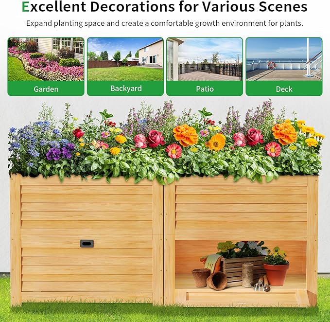 SUNYRISY 2Pack Wooden Raised Garden Bed with Storage Box, 34" L x 18" W x 30" H Elevated Large Garden Planter Box for Planting Herb Vegetable Flower Outdoor Indoor, Wood