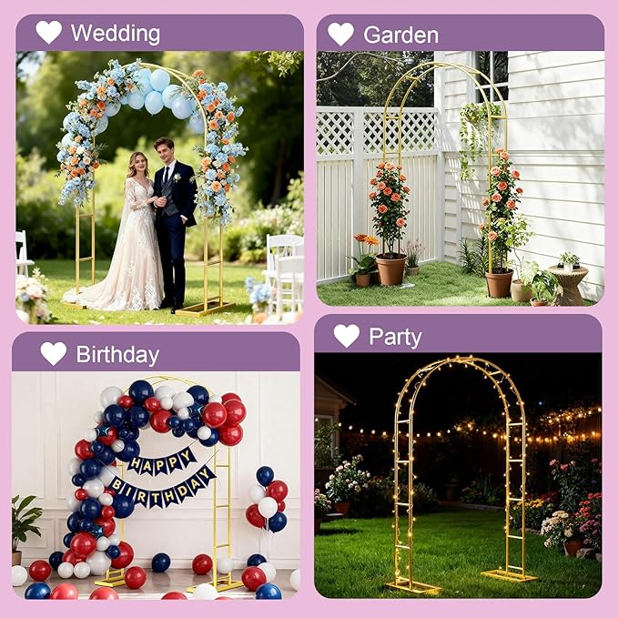 6.6FT Metal Garden Arch Trellis Arbor, Wedding Arch Stand with Steel Frame, Metal Pergola Arbor with Base, Assemble Freely 3 Sizes, for Decor Garden Trellis Climbing Plant, Bridal Party Ceremony