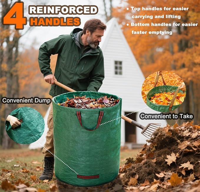 Reusable Yard Waste Bags, 72 Gallon Lawn and Leaf Garden Bags, 3 Pack Heavy Duty Garden Bags with Reinforced Carry Handles, Camping Yard Recycling Bag For Leaves, Lawn Debris & Grass Clippings