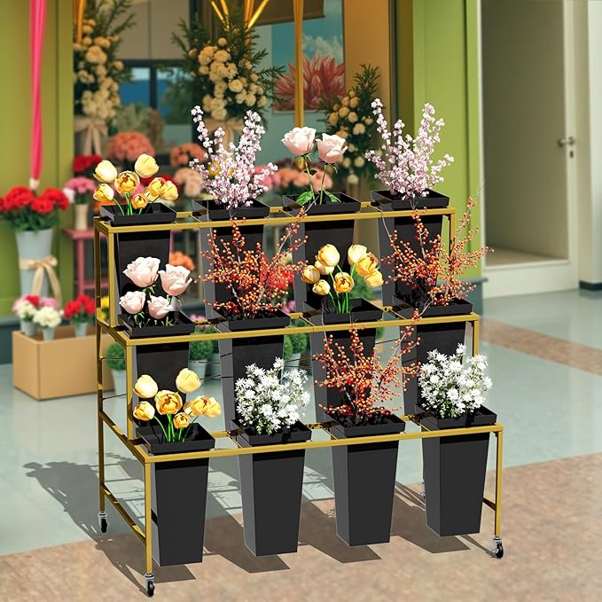 3-Layer Metal Flower Stand with 12 Buckets, Black Square, 23 lbs, for Patio, Garden, Living Room
