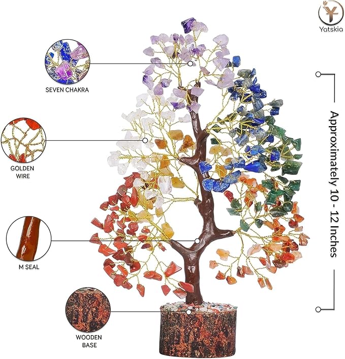 YATSKIA Chakra Crystal Tree - Handmade Healing Crystal Trees w/ 7 Chakra Stones - Decorative Tree of Life for Meditation, Feng Shui, Birthday for Women, White Elephant Gifts for Adult