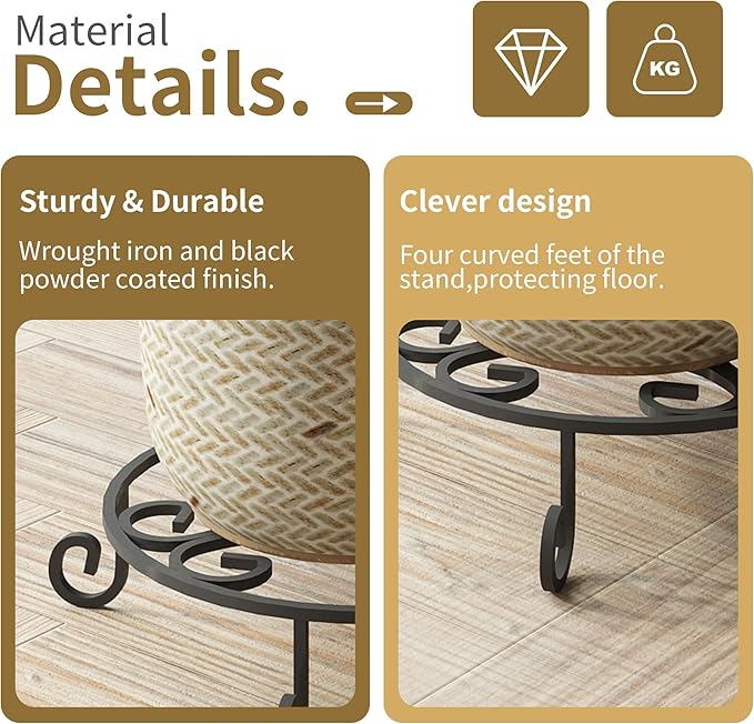 2 Pack 10” Diameter Metal Outdoor Plant Stand Indoor, Black Heavy Duty Potted Holder, Round Anti-Rust Wrought Iron Flower Planter Pot Display Stands for Home Garden