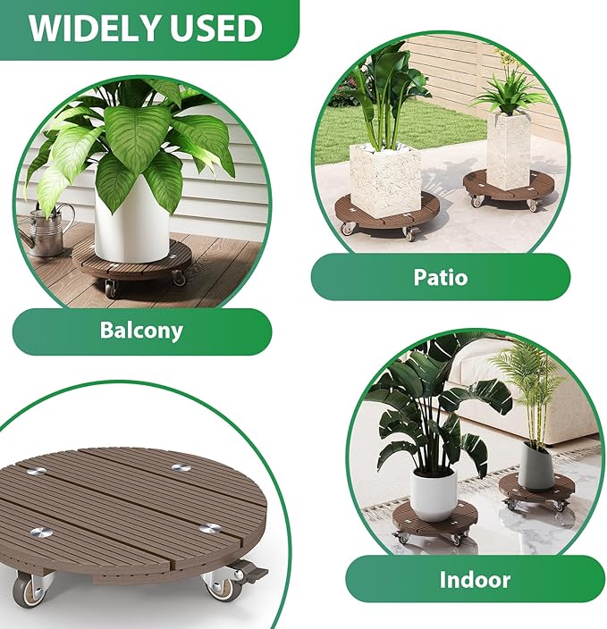 mondaria 2 Pack Plant Caddy with Wheels, 13.8" Wood Plastic Composite Plant Stand, Heavy Duty Round Plant Dolly with Metal 360° Lockable Caster Wheels for Large Plant Pots, Flower Pot ,Dark Brown