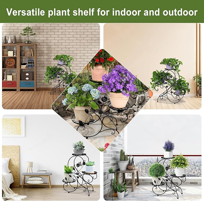 3-Tiers Metal Plant Stand Indoor, Heavy Duty Flower Pot Stands for Multiple Plant, Anti-Rust Iron Plant Pot Shelf, Stable Plant Holder, Ladder Plant Pot Holder for Living Room Patio Boho Home Decor for Gardening Visit the HLC Store