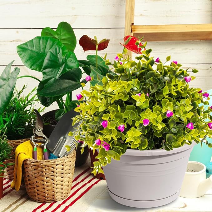VIDELLY 4 Pcs Hanging Planters,10" Hanging Pots Plastic Hanging Flower Plant Basket Pots with Drainage Trays & Chain Holder for Outdoor Indoor Plants Garden Balcony Decoration, Light Gray