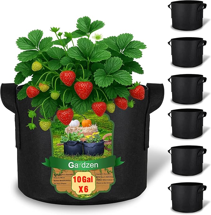 Gardzen 10 Gallon Grow Bags with Waterproof Liner, 500G Thick Nonwoven Fabric Pots, Cuts Watering by 50% in Hot Dry Climates, for Patio Balcony Use (6-Pack)