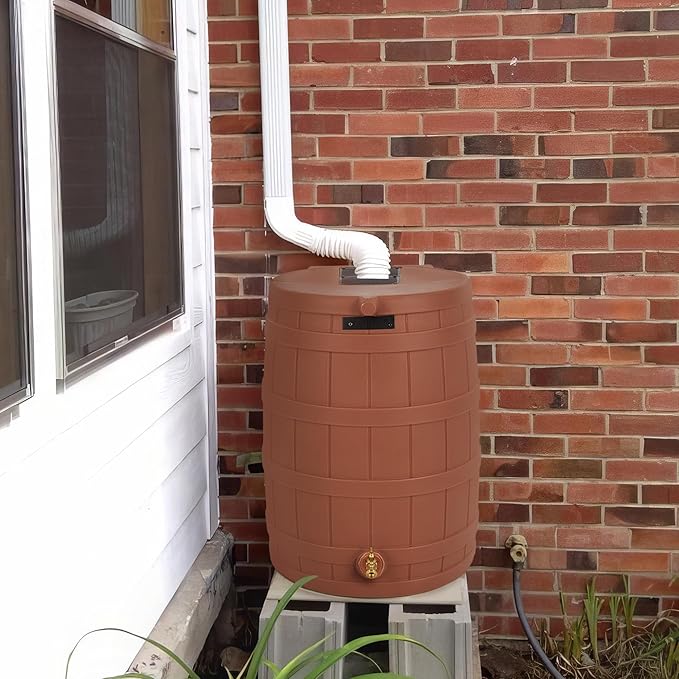 Good Ideas Rain Wizard 50 Gallon Plastic Rain Barrel for Outdoor Rainwater Collection and Storage Features a Metal Spigot and Flat Back Design, Terra Cotta