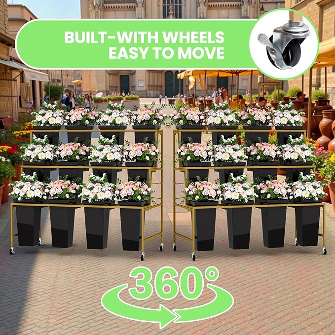 3-Layer Metal Flower Stand with 12 Buckets, Black Square, 23 lbs, for Patio, Garden, Living Room