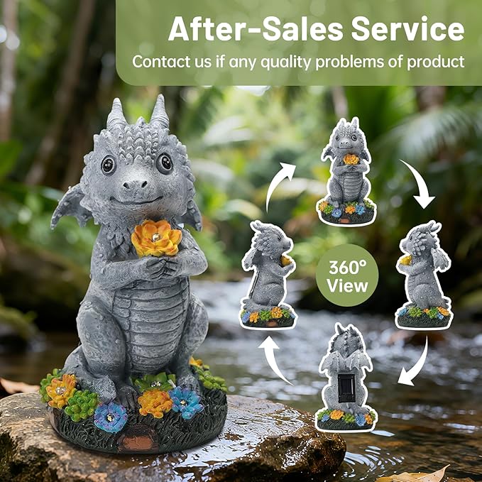 Solar Garden Outdoor Statues Dragon Holding Flower with LED Lights, Lawn Decor Outside Statue for Patio, Balcony, Yard Ornament, Housewarming Gift for Wife Mom Grandma