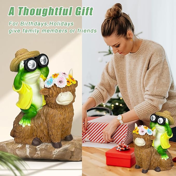for Women Solar Frog Sitting on Highland Cow Statue with Flower Outdoor Garden Decor,Highland Cow Gifts for Women Mom,Frog Figurine Decorative LED Lights for Yard Patio Porch Lawn