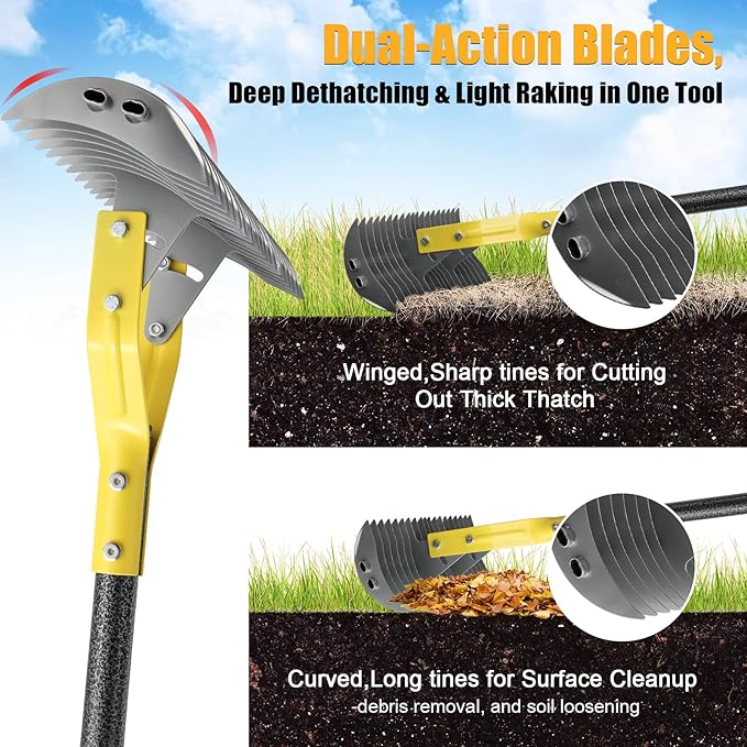 Dual-Action Thatch Rake for Lawn – Efficient 15" Thatching Rake with Sharp Dethatching Blade,Manual Dethatcher & Scarifier Tool for Dead Grass Removal,Soil Loosening,Garden Yard Lawn Care,55" Long