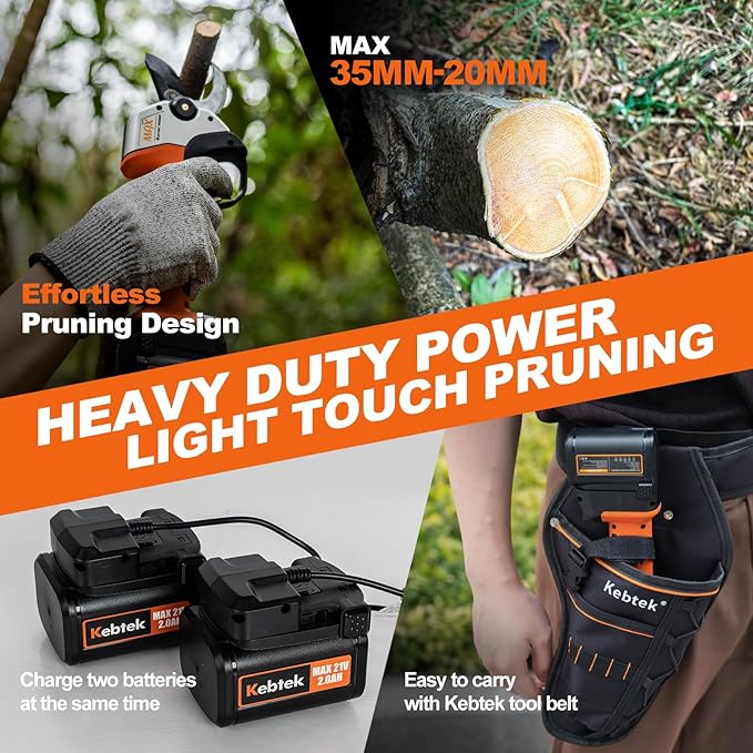 Cordless Electric Pruning Shears 35MM, Kebtek Professional Battery Pruners for Tree Trimming 18V Brushless Motor 2Pack 2AH Rechargeable Battery-LCD Display Screen (KTE-35)