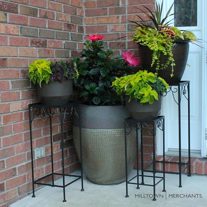 Milltown Merchants™ Plant Stands - Set of 3 Metal Plant Stands - Indoor/Outdoor Nesting Wrought Iron End Tables - Square Black Flower Stands