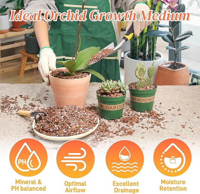 3QT Orchid Bark Potting Mix, Natural Orchid Potting Mix for Repotting, Blended with Small Pine Bark and Perlite to Provide Ideal Ventilation and Good Drainage for Orchids and Other Potted Plants