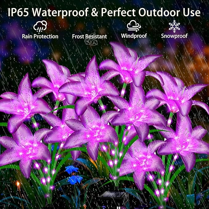 Solar Garden Lights 6 Pack 24 Purple Lily Flowers,Christmas Birthday Gifts Outdoor Solar Flower Lights,Cemetery Flowers for Grave - Decorative Lilies for Yard, Patio, Pathway Decorations