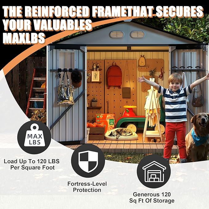 8x8 SF Outdoor Storage Shed,Metal Shed with Lockable Doors & 4 Daylight Windows,Garden Tool Shed w/Air Vents & Sloped Roof, Ideal for Backyard,Patio,Lawn,White