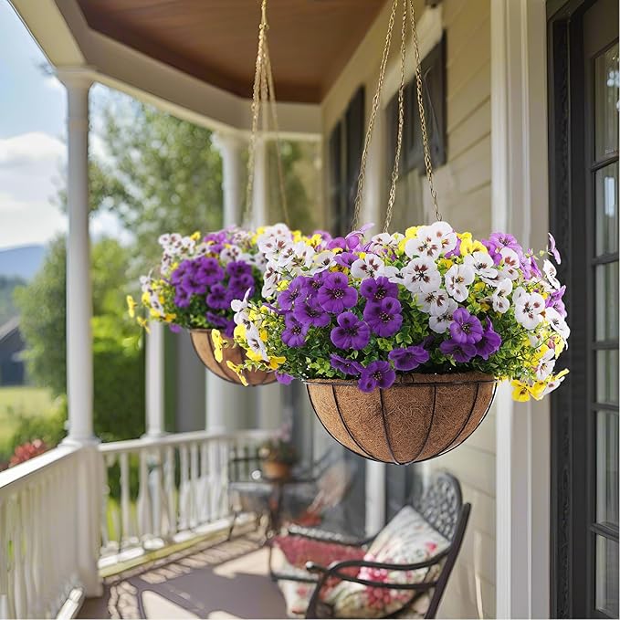 Artificial Fake Pansy Flowers for Outdoor, Faux Silk Pansies Spring Flowers for Outside for Planter Front Door Porch Yard Patio Window Box Home Decor (18, Purple, Yellow, White)