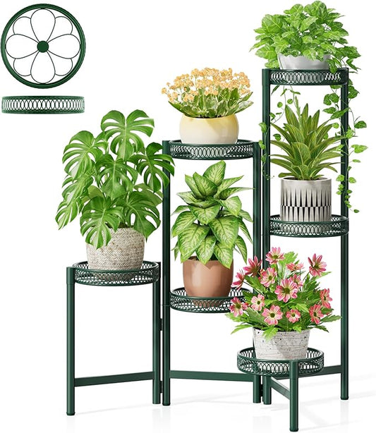 Metal Plant Stands Indoor Outdoor, 6 Tier Plant Stand Corner Plant Shelf, Folding Tall Plant Rack, Heavy Duty Iron Flower Display Holder Stand for Living Room Patio Porch Balcony - GreenFlower