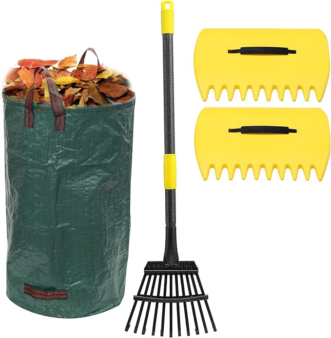 Rake for Leaves, 11 Tines 9" Wide Metal Leaf Rake with 32 Gallon Lawn and Leaf Bags & Scoops for Garden Adult Kids Lawn Shrub Yard Landscape Heavy Duty Long Handle 30-60