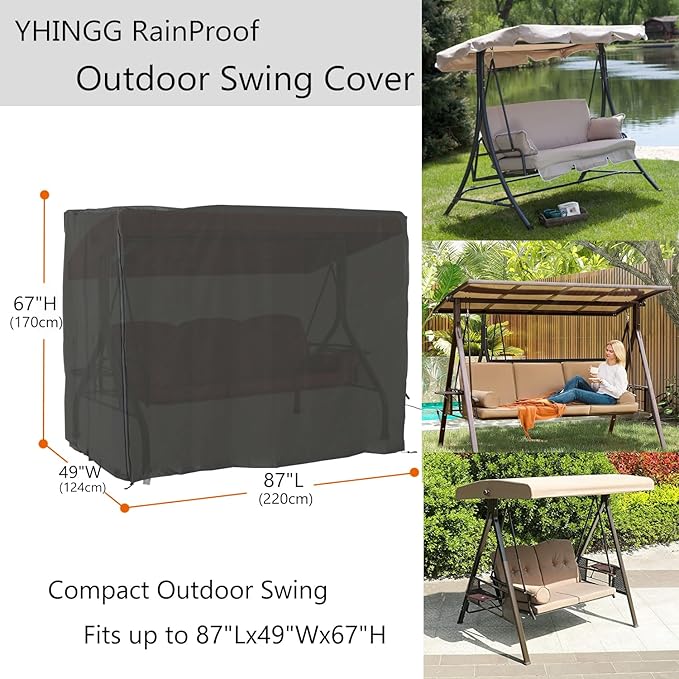 Porch Swing Cover 63 Inch Waterproof 600D Oxford Hanging Outdoor Swing Cover All Weather Protected Swing Covers for Outdoor Furniture (Black, 87L x 49W x 67H inch)