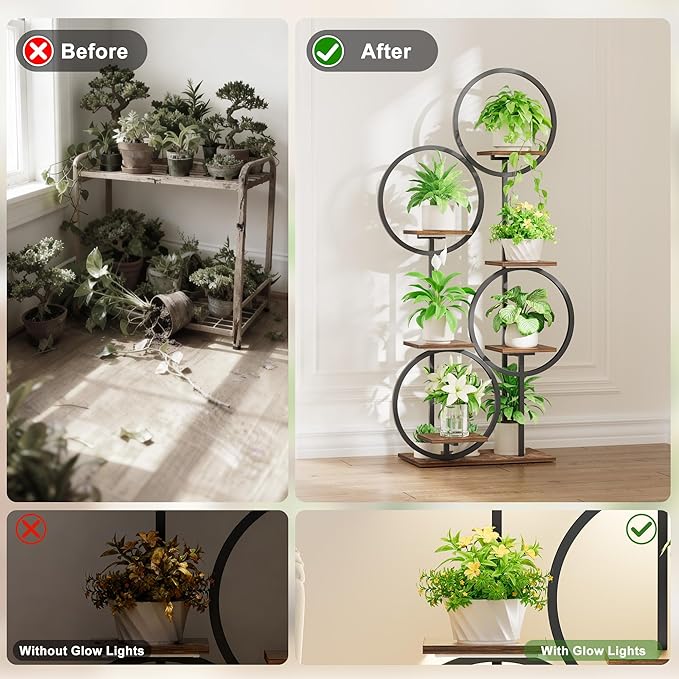 Plant Stand Indoor with Grow Lights - 6 Tiered 55" Round Corner Plant Stands for Indoor Plants, Plant Shelf with Grow Light, Multiple Metal Lighted Plant Stand for Balcony, Living Room, Patio