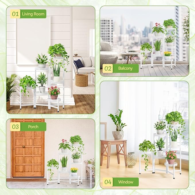 iDavosic.ly Plant Stand Indoor Outdoor, 6 Tier Corner Metal Flower Display Holder Shelf, Easy Assembly Folding Tall Orchid Rack for Patio Balcony Porch Garden Living Room House, Wrought Iron - White