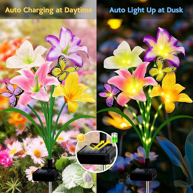Solar Garden Lights 4 Pack 16 Lily Flowers with Butterfly Decor, Christmas Birthday Gifts Solar Flower Lights for Outside,Cemetery Flowers for Grave - Decorative Lilies for Yard, Patio, Pathway