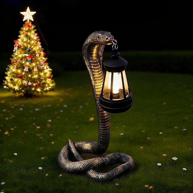 Solar Garden Outdoor Statues Snake with Solar Lights Outdoor Chrismtas Decorations - Lawn Decor Snake Statue for Patio, Balcony, Yard Ornament - Unique Housewarming Gifts（11.22" Brass Color
