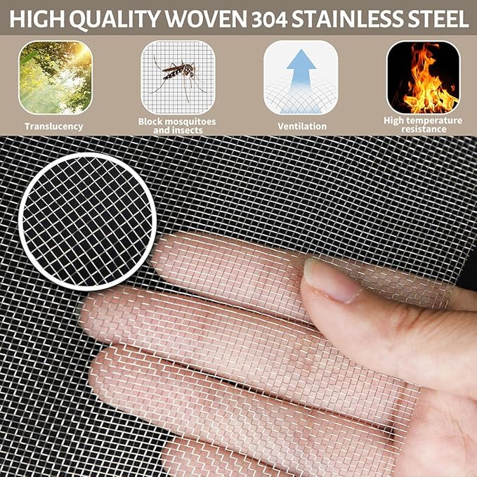 KISKIS 304 Stainless Steel Woven Wire 20 Mesh Air Vent Window Screen,Filter Mesh Roll Metal Screen Fine Mesh, Easy to Cut Sturdy for Door Patio Cover, Cage Garden,100X500CM39X197INCH