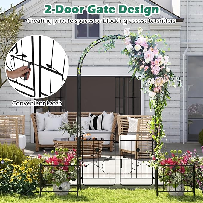 Giantex Garden Arch with Planter - 86 inch Metal Garden Arbor with Gate, Arch Trellis for Climbing Plants Rose, Wedding Archway Pergola for Lawn Patio Bridal Party Decoration