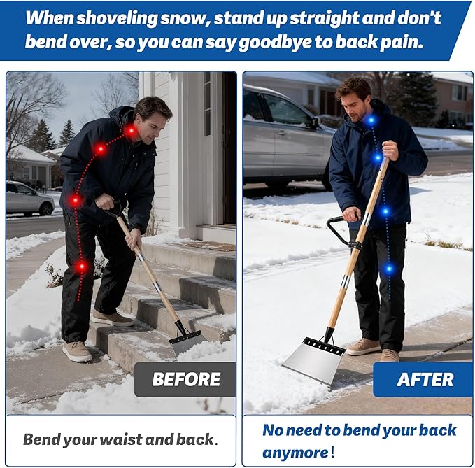 Snow Shovel with 47.24" Long Handle, 9.25" Widened Garden Flat Shovel Ergonomic Auxiliary Handle for Weeding, Lawn Edging, Snow Removal, Ice Scraping-Tool-Free Assembly&Storage