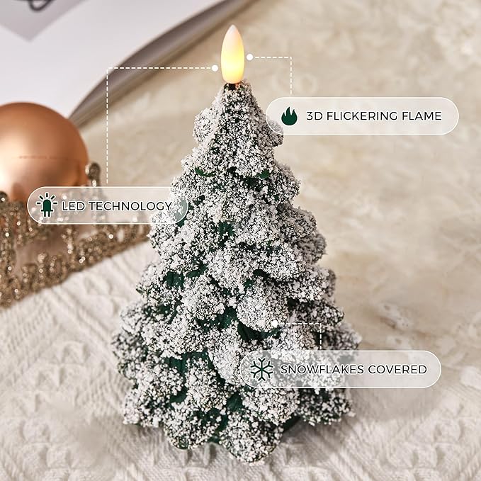 Christmas Tree Candles Covered in Snow with Remote, 2 Pcs Waxy LED Flameless Candles Flickering, Green Electric Candles Battery Operated for New Year Celebration Holiday Decorations 8.5 Inches