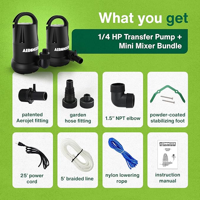 Aeromixer Mini 1/4 HP Submersible Mixing + Aerating Pump with 1/4 HP Water Transfer Pump Bundle - Water Aerator & Garden Utility Pumps, Nutrient Mixing & Aeration Pumps for Farming & Gardening