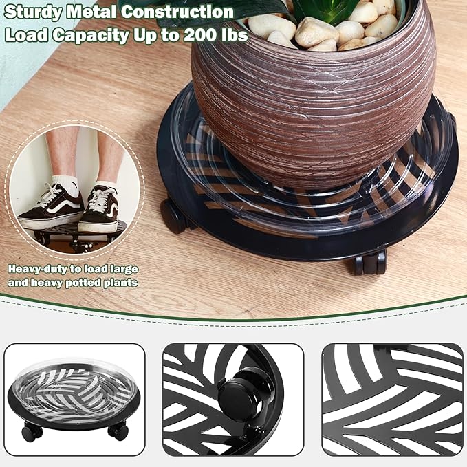 2 Packs Large Metal Plant Caddy with PU Wheels 12" Heavy-Duty Wrought Iron Rolling Plant Stands Indoor Outdoor Wheeled Plant Dolly Planter Mover Rollers Plant, Leaf Style