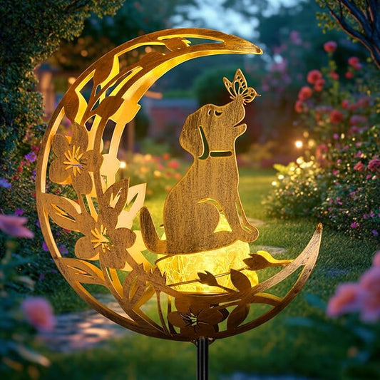 Lights Outdoor Decor Dog - Moon & Bird SolaGardenLights Waterproof, Auto On/Off Pathway Lighting for Yard/Lawn/Patio, Handcrafted Metal Solar-Stake-Lights for Outside Decorations