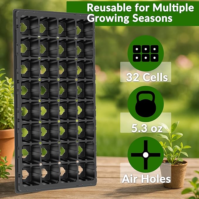 Gardzen 10 Pack 32 Cell Seed Starter Trays, 2" Deep Plug Tray for Seedlings, Heavy Duty Seedling Trays with Drainage Holes, Fit Standard 1020 Drip Tray