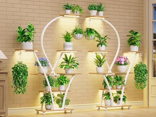 Itaar Plant Stand Indoor with Grow Light, 2-Pack 64" Tall Plant Shelf, 7 Tiered Corner Plant Stand with Wheels, Large Plant Rack Display Shelves, Curved Plant Holder for Living Room, White